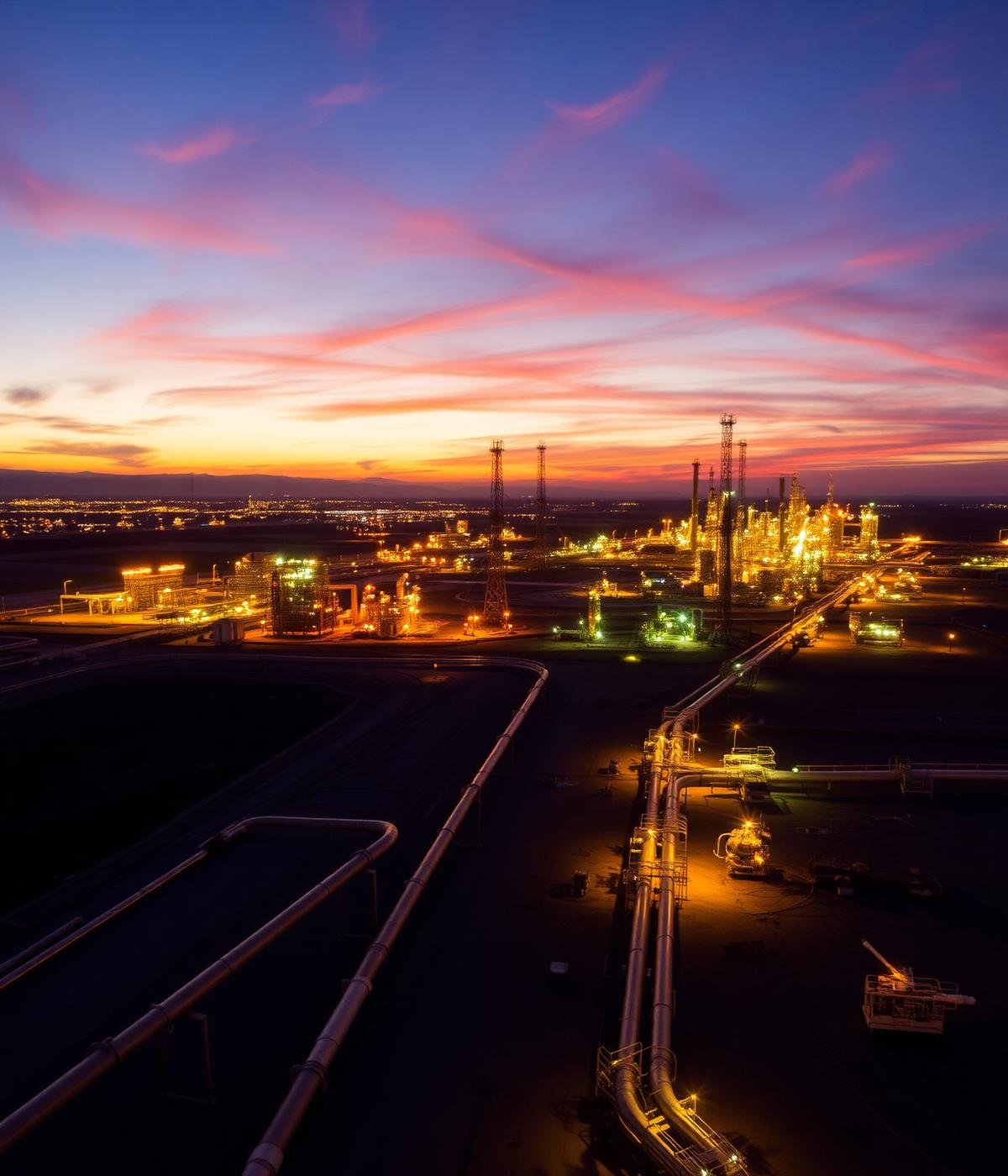 Gas processing plant at dusk